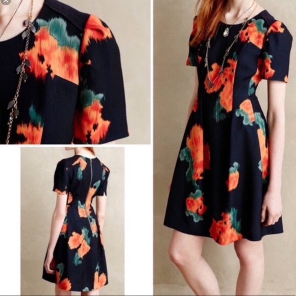Anthropologie Maginn Black Orange Floral Dress